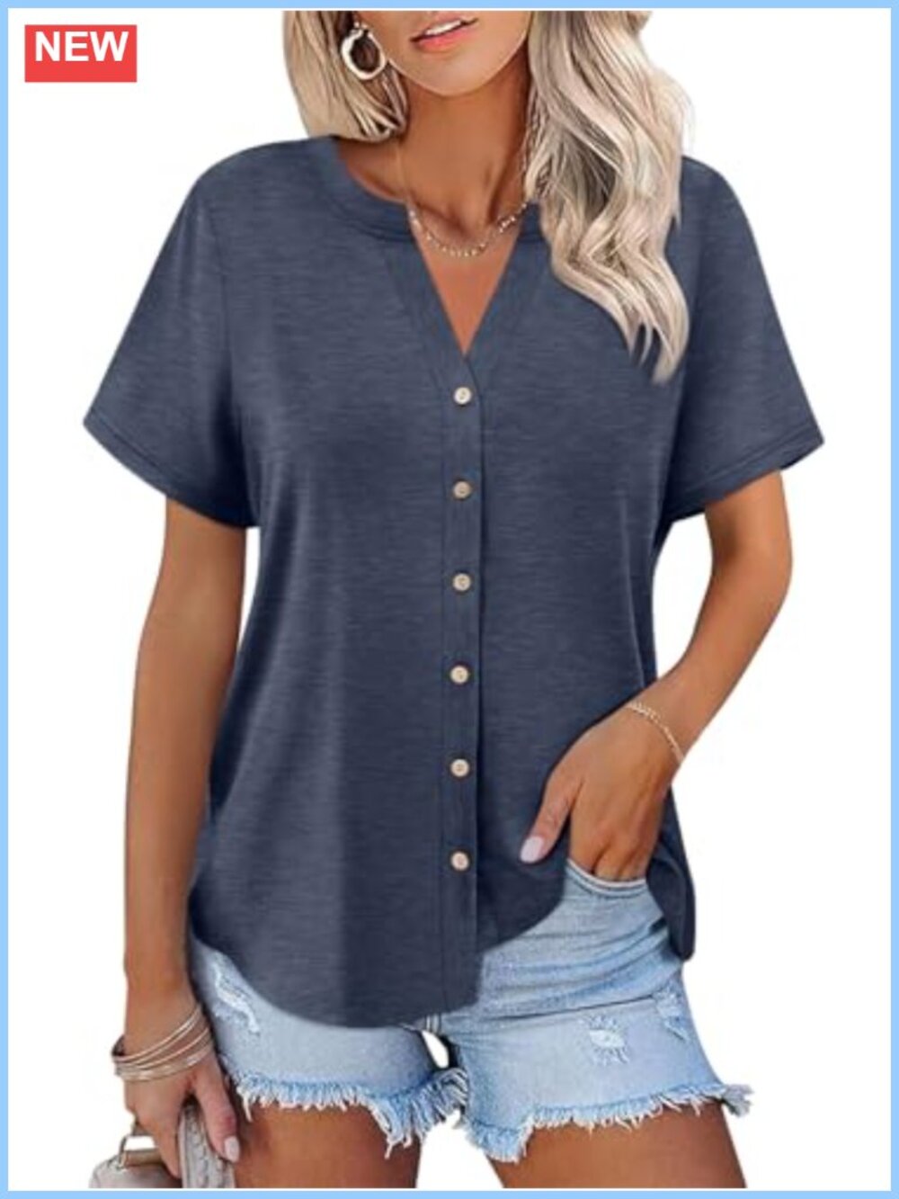 Women's V-Neck Button Down Shirt Short Sleeve Blouse Stretch Cotton Polyester